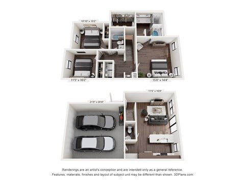 Floor plan for 3 beds, 2.5 baths, 1320 sqft